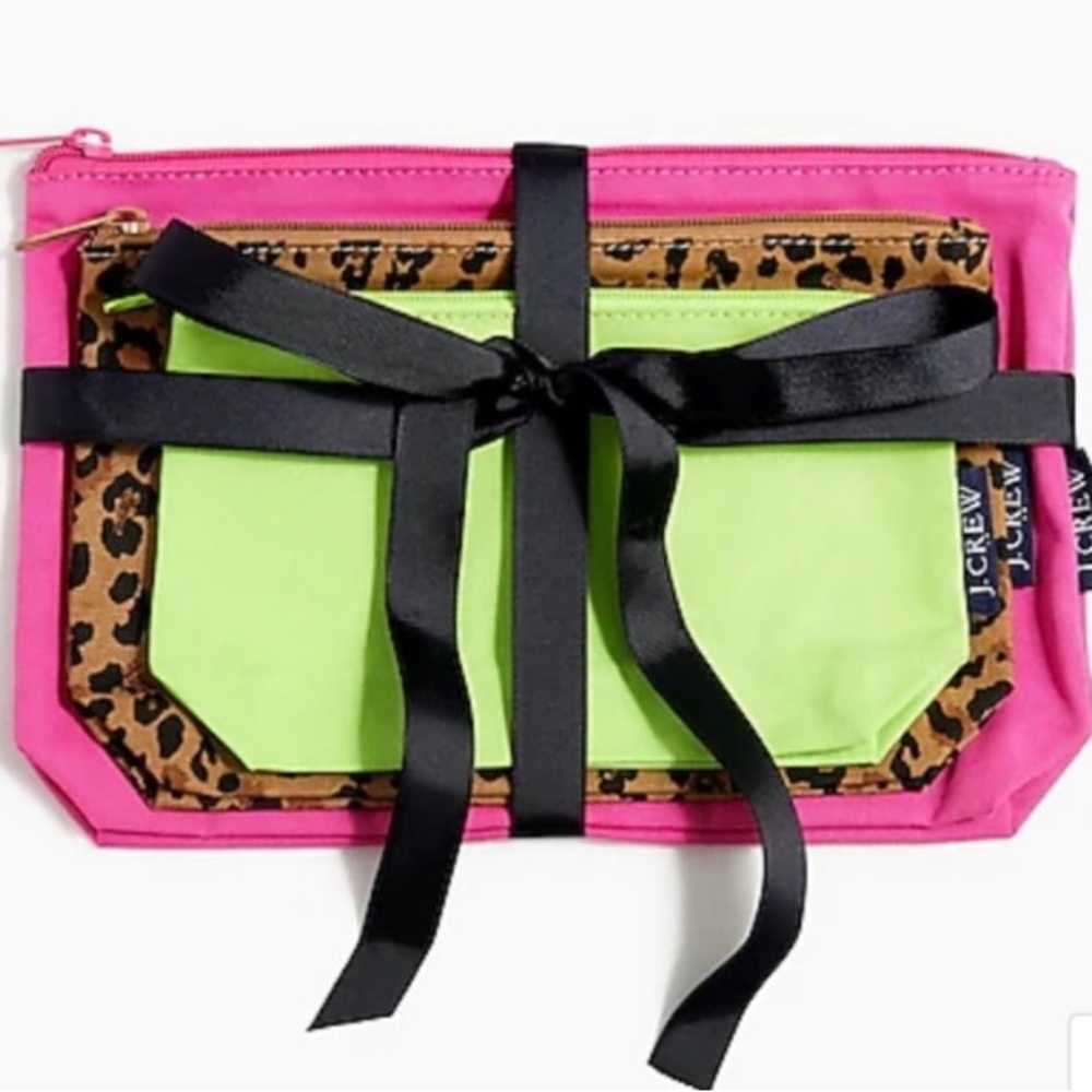New, J.Crew Set of 3 Cosmetic Bags in Lime, Barbie Pink & Animal Print ๐ - Picture 2 of 6